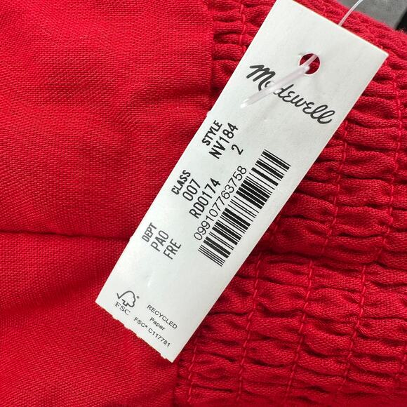 Madewell Ruched Squareneck Tank WMNS 2 Red Linen-Cotton Adjustable Strap Smocked - Picture 8 of 13